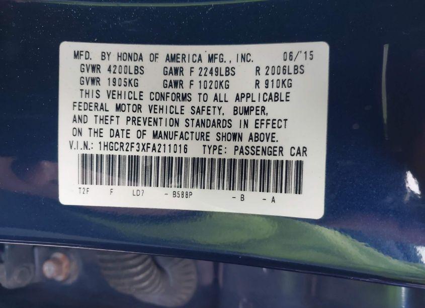 Photo 9 of 2015 Honda Accord LX (VIN 1HGCR2F3XFA211016)