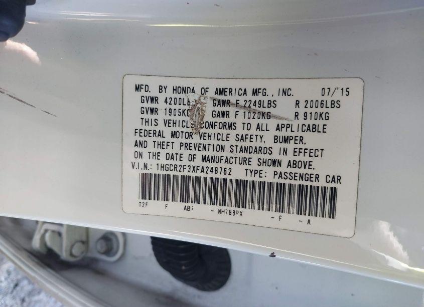 Photo 9 of 2015 Honda Accord LX (VIN 1HGCR2F3XFA248762)