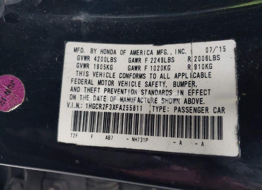 Photo 9 of 2015 Honda Accord LX (VIN 1HGCR2F3XFA255811)