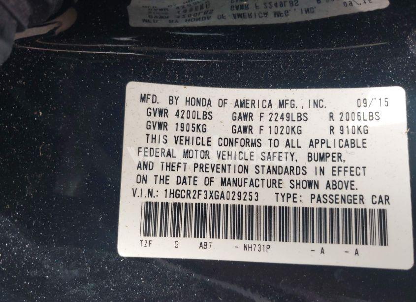 Photo 9 of 2016 Honda Accord LX (VIN 1HGCR2F3XGA029253)