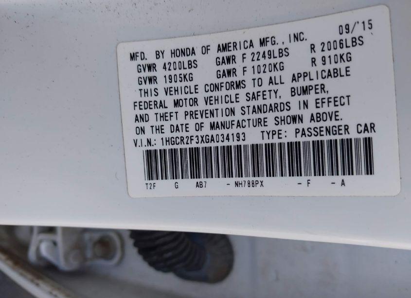 Photo 9 of 2016 Honda Accord LX (VIN 1HGCR2F3XGA034193)