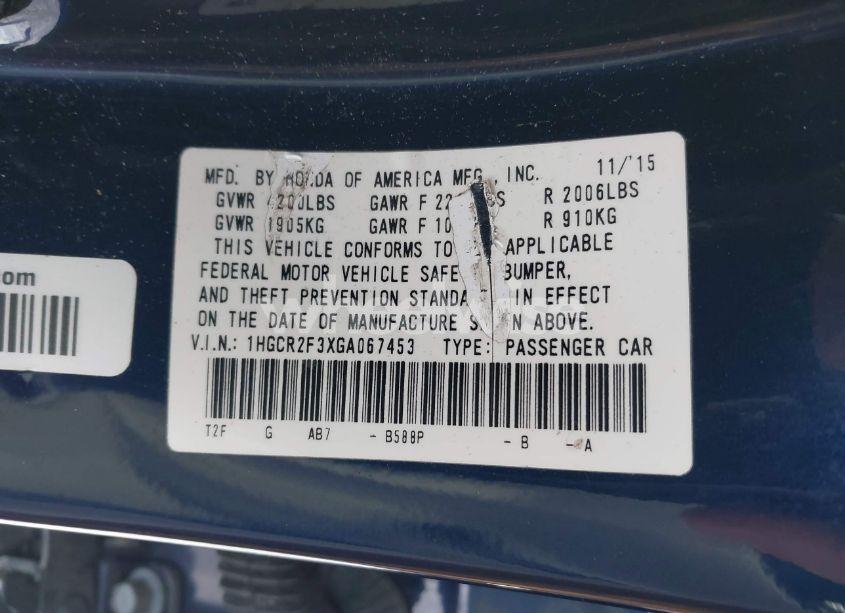 Photo 9 of 2016 Honda Accord LX (VIN 1HGCR2F3XGA067453)