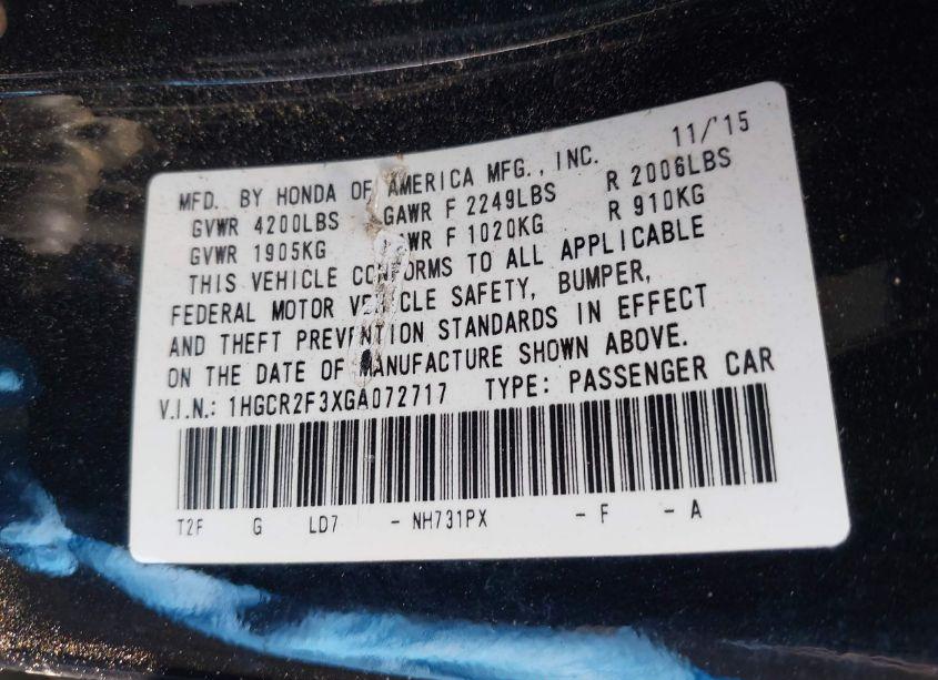 Photo 9 of 2016 Honda Accord LX (VIN 1HGCR2F3XGA072717)