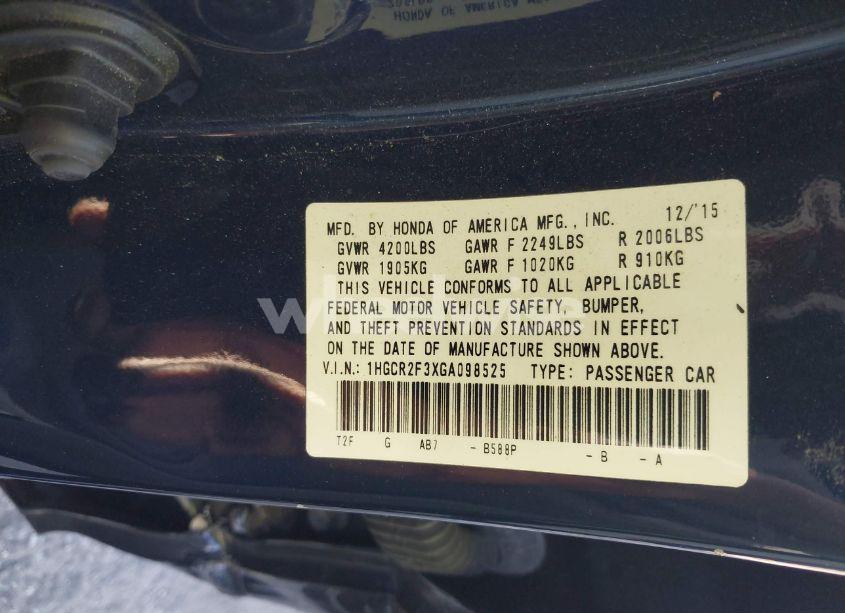 Photo 9 of 2016 Honda Accord LX (VIN 1HGCR2F3XGA098525)