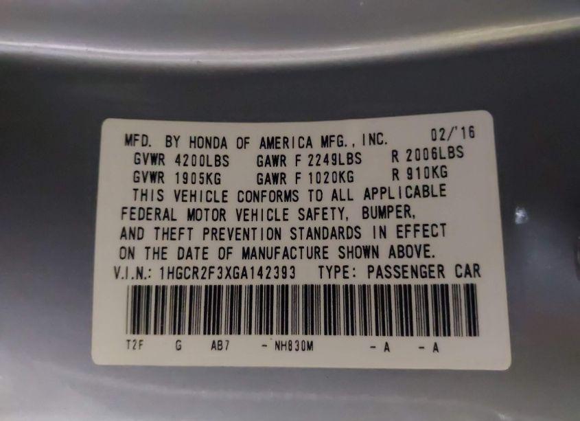 Photo 9 of 2016 Honda Accord LX (VIN 1HGCR2F3XGA142393)