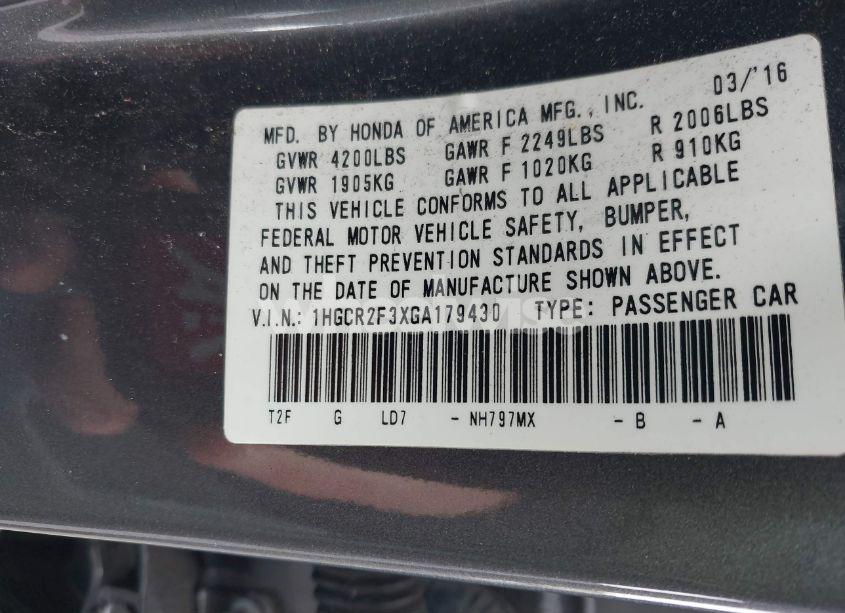 Photo 9 of 2016 Honda Accord LX (VIN 1HGCR2F3XGA179430)