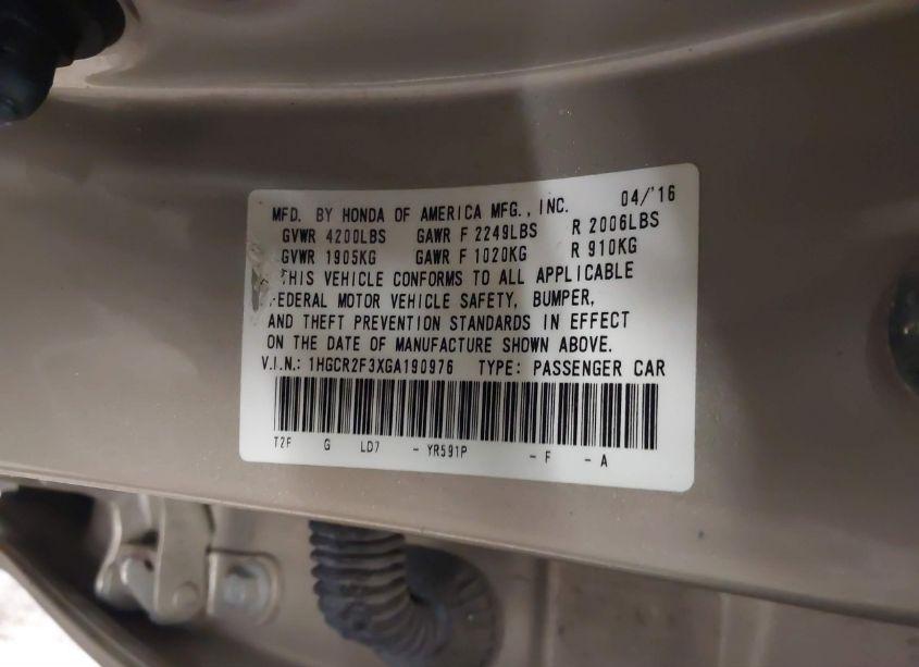 Photo 9 of 2016 Honda Accord LX (VIN 1HGCR2F3XGA190976)