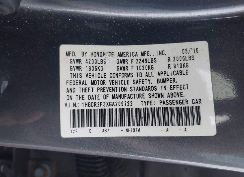 Photo 9 of 2016 Honda Accord LX (VIN 1HGCR2F3XGA209722)