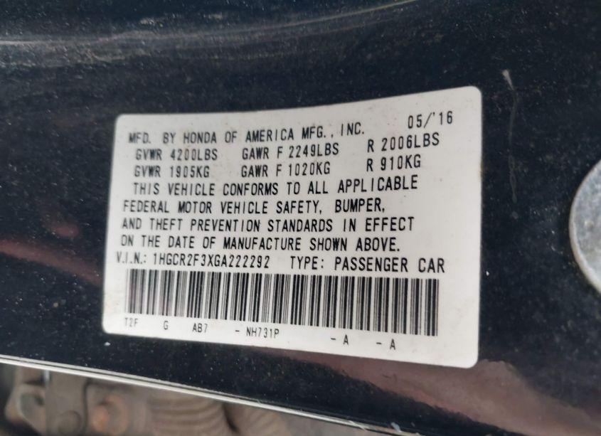 Photo 9 of 2016 Honda Accord LX (VIN 1HGCR2F3XGA222292)