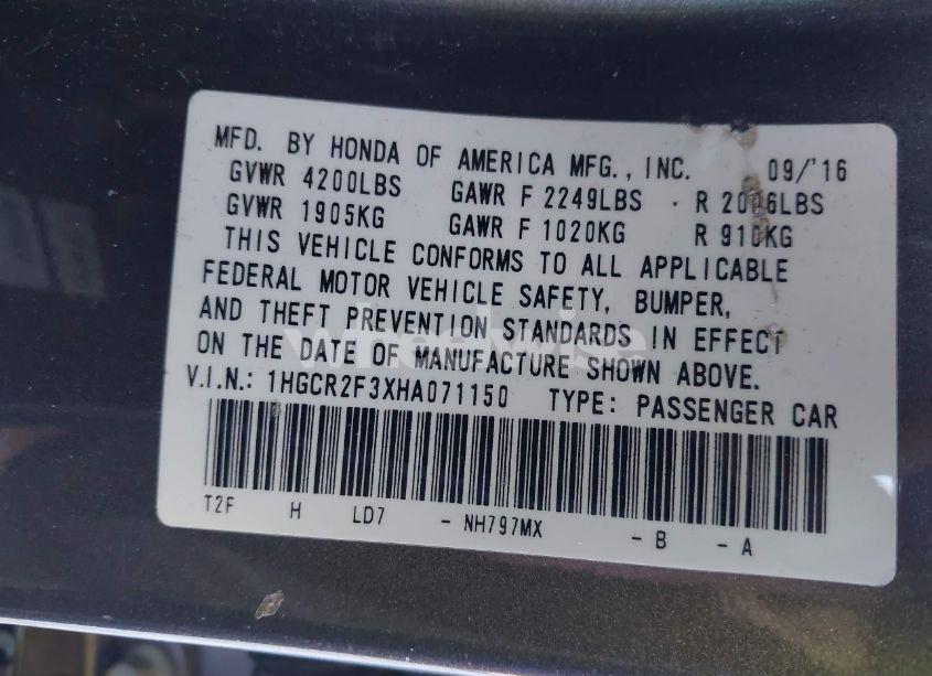 Photo 9 of 2017 Honda Accord LX (VIN 1HGCR2F3XHA071150)