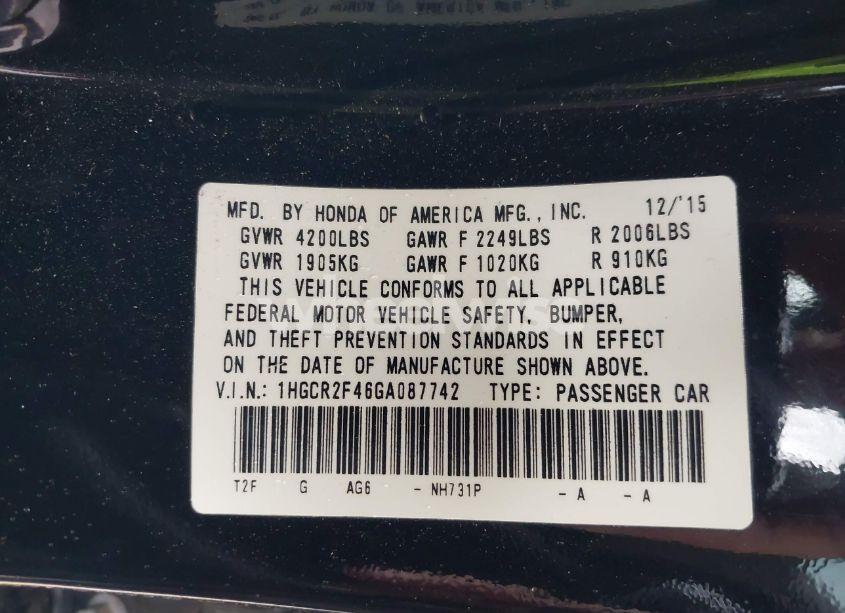 Photo 9 of 2016 Honda Accord LX (VIN 1HGCR2F46GA087742)