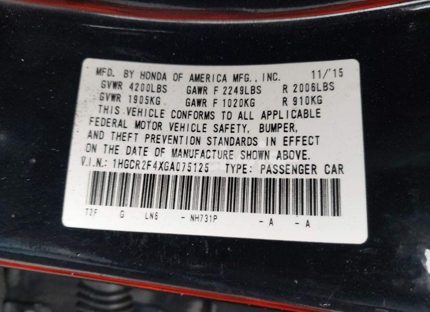 Photo 9 of 2016 Honda Accord LX (VIN 1HGCR2F4XGA075125)