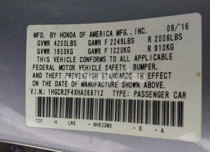 Photo 9 of 2017 Honda Accord LX (VIN 1HGCR2F4XHA068712)