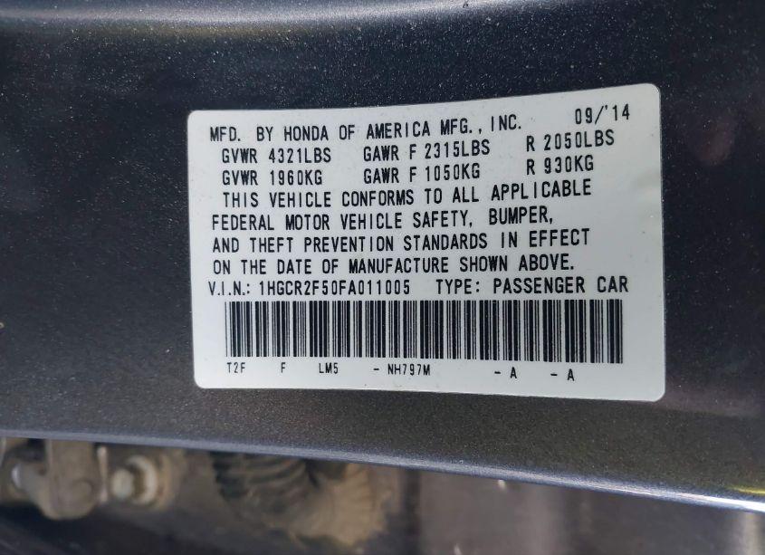 Photo 9 of 2015 Honda Accord SPORT (VIN 1HGCR2F50FA011005)