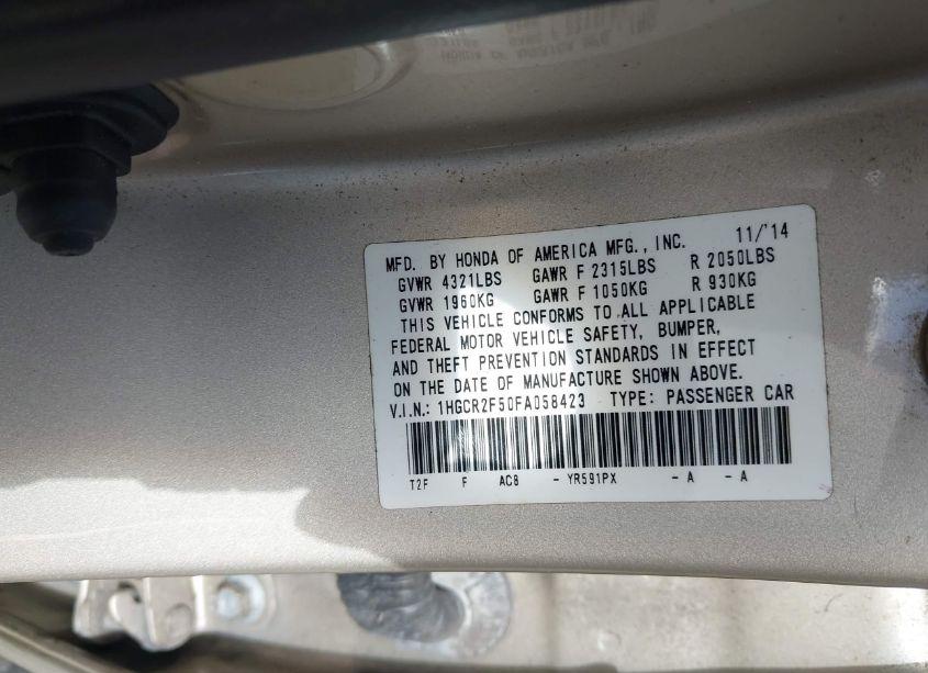 Photo 9 of 2015 Honda Accord SPORT (VIN 1HGCR2F50FA058423)