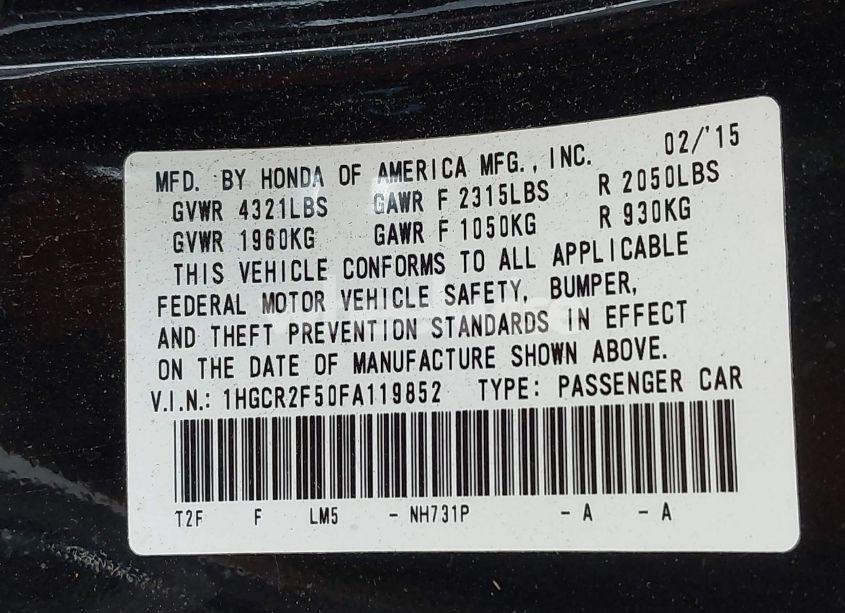 Photo 9 of 2015 Honda Accord SPORT (VIN 1HGCR2F50FA119852)