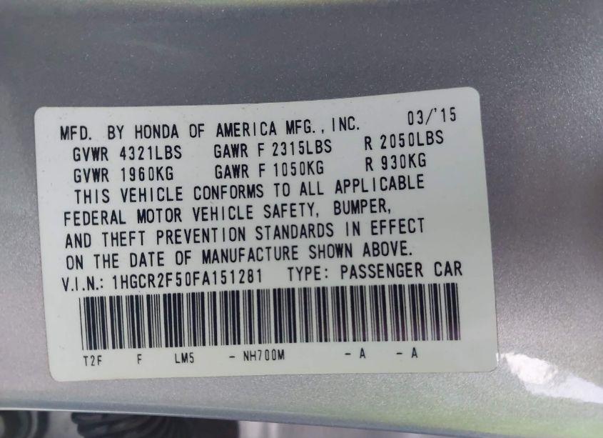 Photo 9 of 2015 Honda Accord SPORT (VIN 1HGCR2F50FA151281)