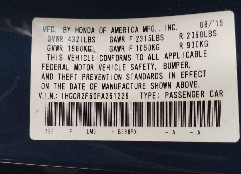 Photo 9 of 2015 Honda Accord SPORT (VIN 1HGCR2F50FA261229)