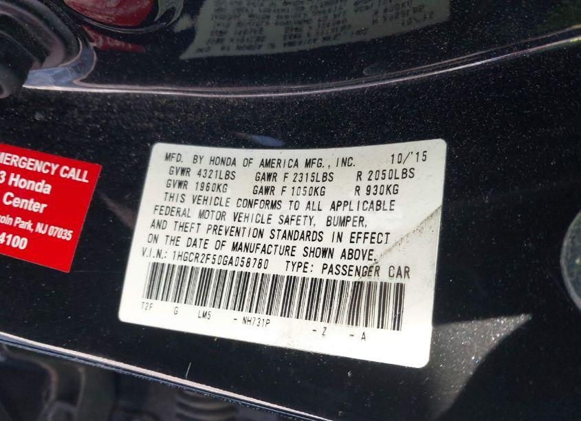 Photo 9 of 2016 Honda Accord SPORT (VIN 1HGCR2F50GA058780)