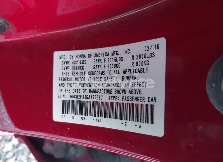 Photo 9 of 2016 Honda Accord SPORT (VIN 1HGCR2F50GA135387)