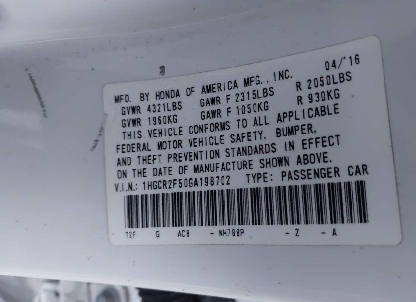 Photo 9 of 2016 Honda Accord SPORT (VIN 1HGCR2F50GA198702)