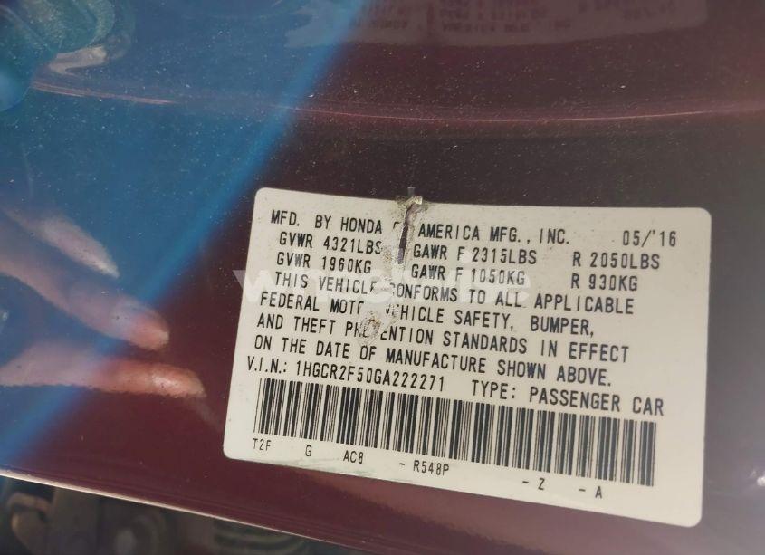 Photo 9 of 2016 Honda Accord SPORT (VIN 1HGCR2F50GA222271)