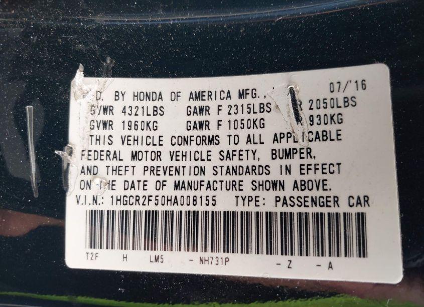 Photo 9 of 2017 Honda Accord SPORT (VIN 1HGCR2F50HA008155)