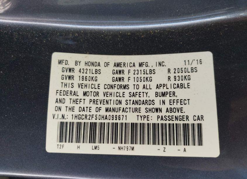 Photo 9 of 2017 Honda Accord SPORT (VIN 1HGCR2F50HA099671)