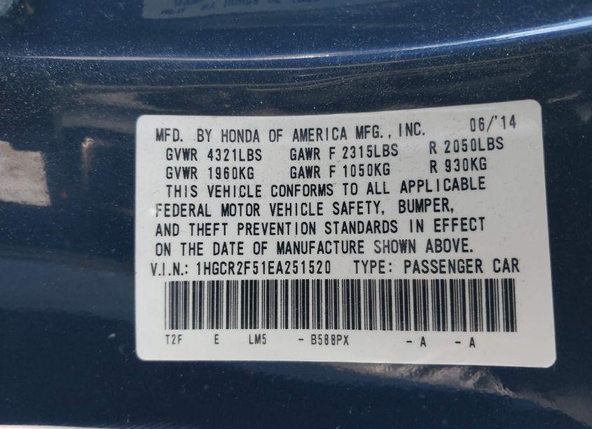 Photo 9 of 2014 Honda Accord SPORT (VIN 1HGCR2F51EA251520)