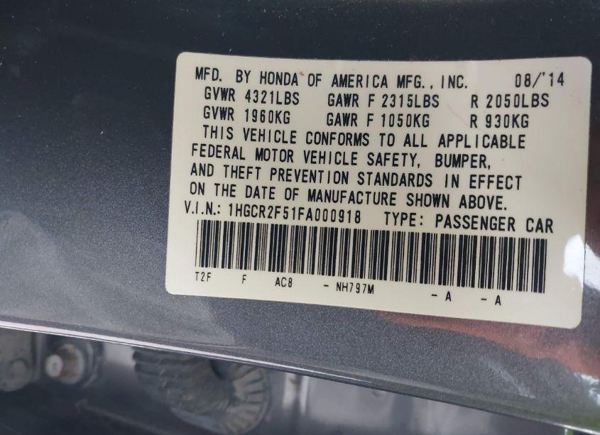 Photo 9 of 2015 Honda Accord SPORT (VIN 1HGCR2F51FA000918)