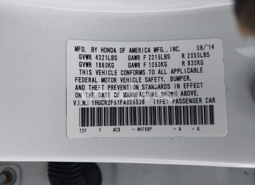 Photo 9 of 2015 Honda Accord SPORT (VIN 1HGCR2F51FA005536)