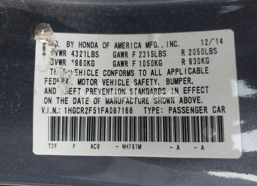 Photo 9 of 2015 Honda Accord SPORT (VIN 1HGCR2F51FA087168)