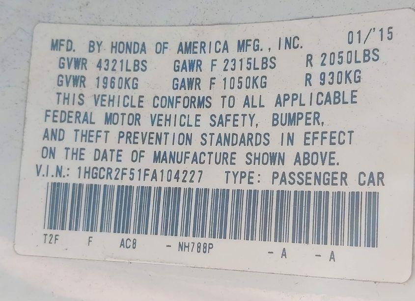 Photo 9 of 2015 Honda Accord SPORT (VIN 1HGCR2F51FA104227)