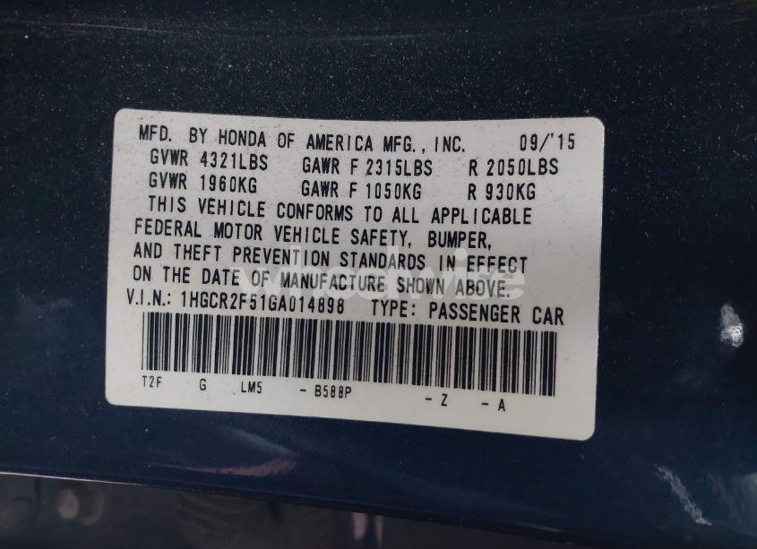 Photo 9 of 2016 Honda Accord SPORT (VIN 1HGCR2F51GA014898)