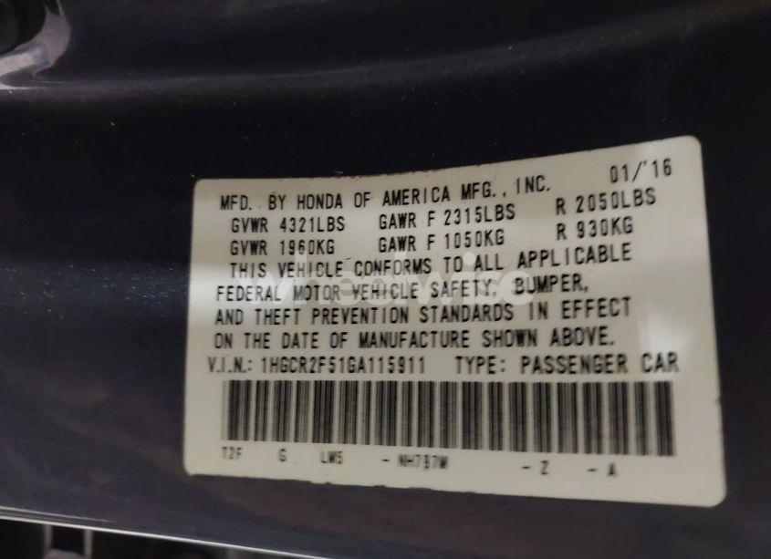 Photo 9 of 2016 Honda Accord SPORT (VIN 1HGCR2F51GA115911)