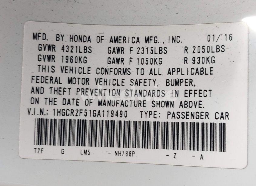 Photo 9 of 2016 Honda Accord SPORT (VIN 1HGCR2F51GA119490)