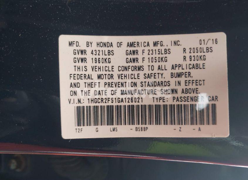 Photo 9 of 2016 Honda Accord SPORT (VIN 1HGCR2F51GA126021)