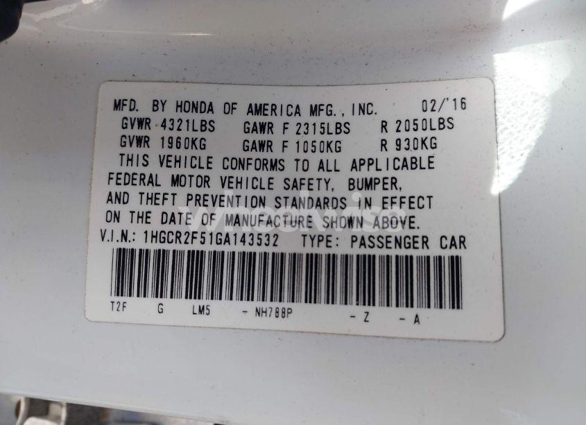 Photo 9 of 2016 Honda Accord SPORT (VIN 1HGCR2F51GA143532)