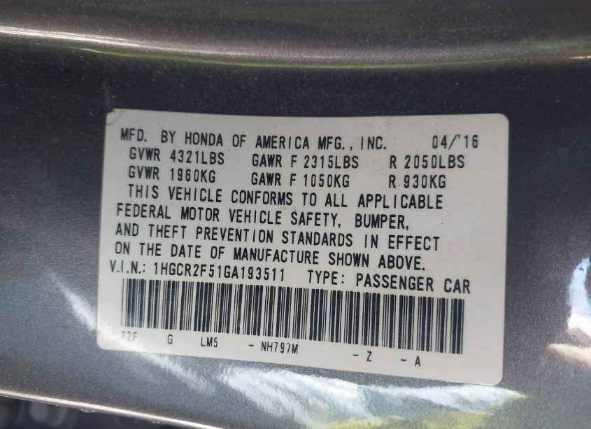 Photo 9 of 2016 Honda Accord SPORT (VIN 1HGCR2F51GA193511)