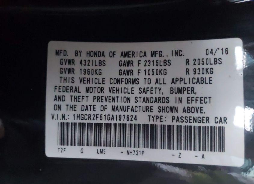 Photo 9 of 2016 Honda Accord SPORT (VIN 1HGCR2F51GA197624)