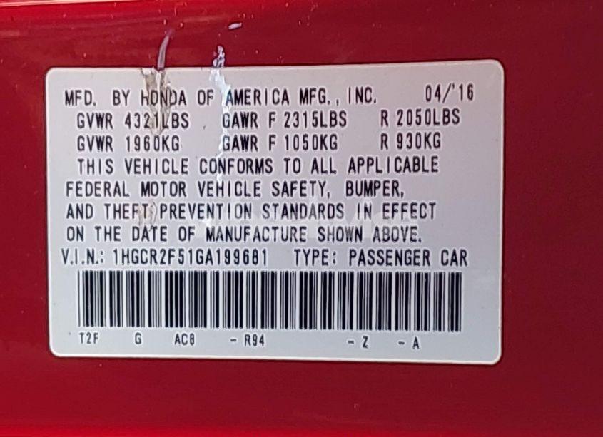 Photo 9 of 2016 Honda Accord SPORT (VIN 1HGCR2F51GA199681)