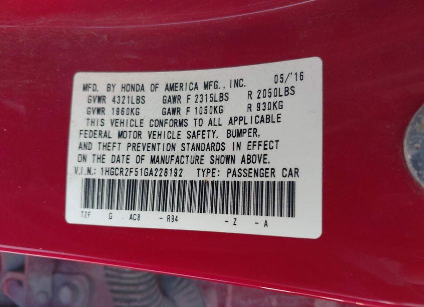 Photo 9 of 2016 Honda Accord SPORT (VIN 1HGCR2F51GA228192)