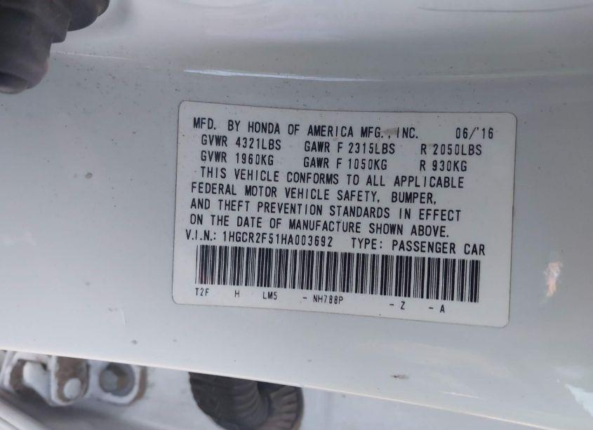 Photo 9 of 2017 Honda Accord SPORT (VIN 1HGCR2F51HA003692)