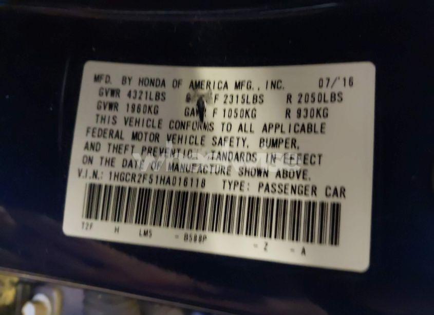 Photo 9 of 2017 Honda Accord SPORT (VIN 1HGCR2F51HA016118)