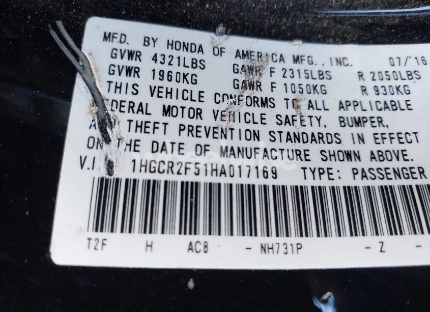 Photo 9 of 2017 Honda Accord SPORT (VIN 1HGCR2F51HA017169)