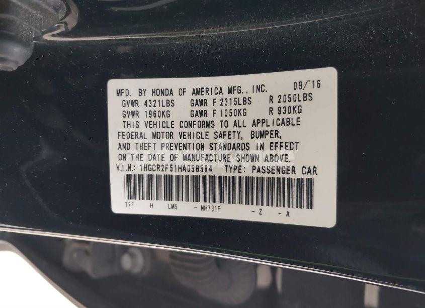 Photo 9 of 2017 Honda Accord SPORT (VIN 1HGCR2F51HA058594)