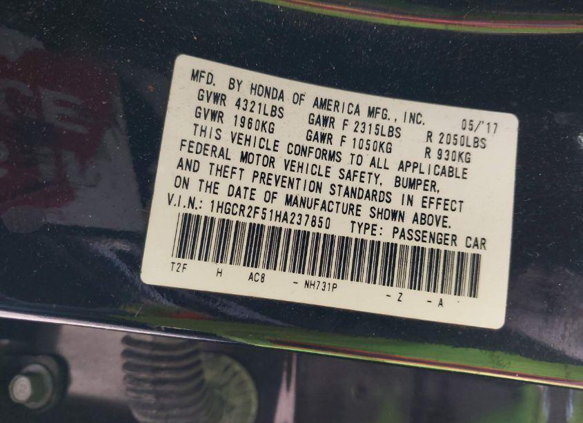 Photo 9 of 2017 Honda Accord SPORT (VIN 1HGCR2F51HA237850)