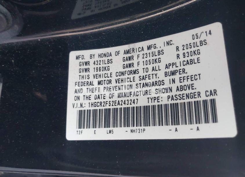 Photo 9 of 2014 Honda Accord SPORT (VIN 1HGCR2F52EA243247)