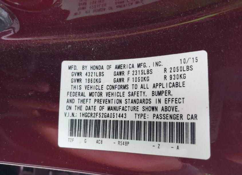 Photo 9 of 2016 Honda Accord SPORT (VIN 1HGCR2F52GA051443)