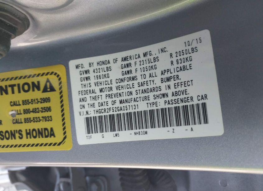 Photo 9 of 2016 Honda Accord SPORT (VIN 1HGCR2F52GA057131)